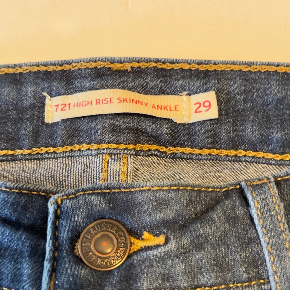 Levis 721 High Rise Skinny Ankle Jeans Blue Distressed Ripped Womens Size 29 - Picture 6 of 13